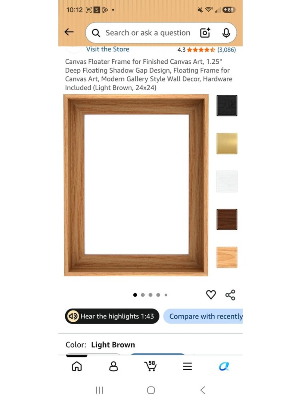 Canvas Floater Frame for Finished Canvas Art 24x24 Light Brown 1.25" Deep Shadow